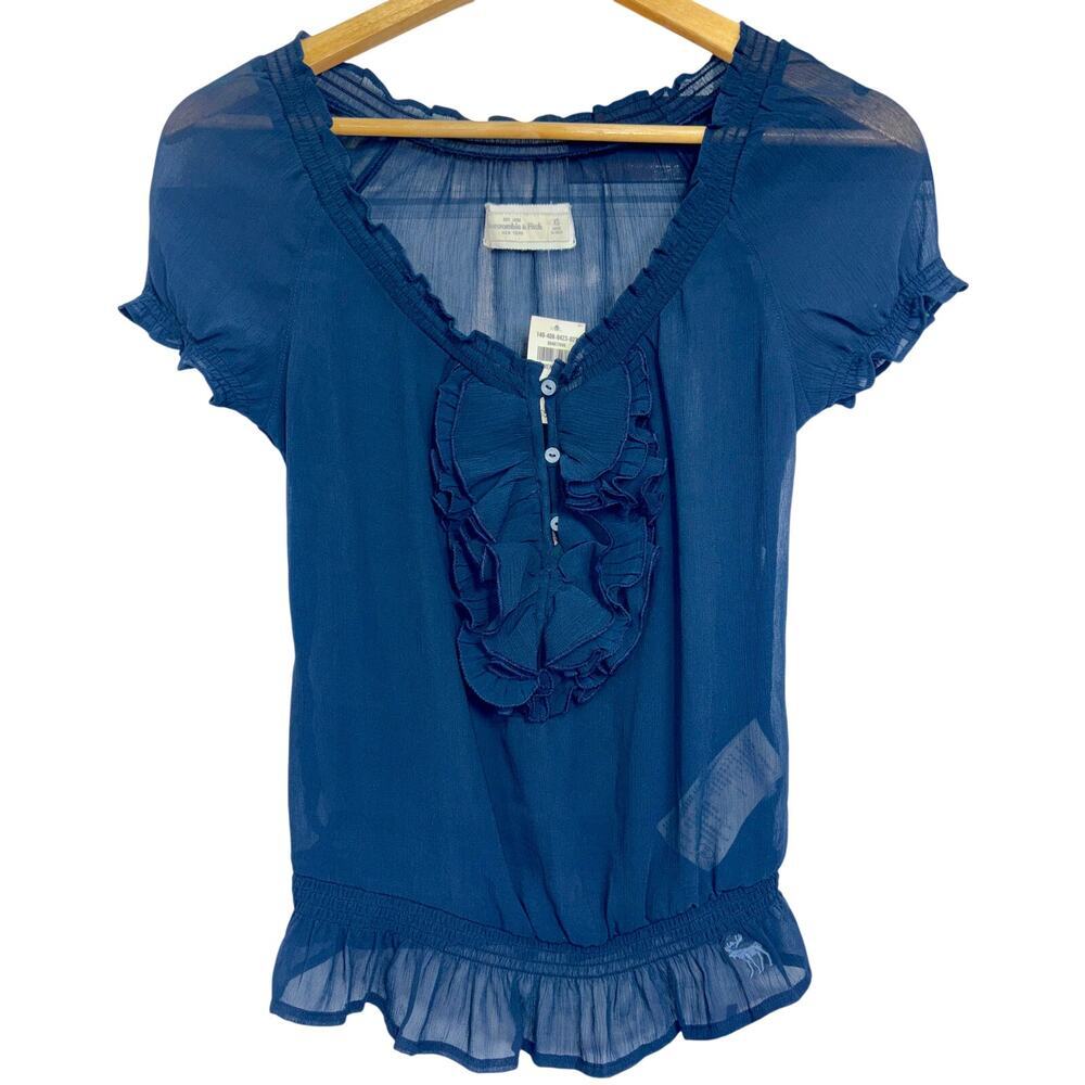 NWT Abercrombie & Fitch Navy Blue Sheer Ruffle Chiffon Peplum Blouse Top Size XS